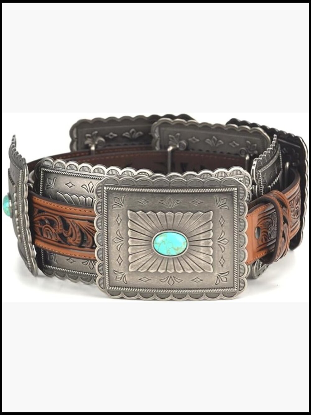 Turquoise Concho Western Belt Tooled Embroidery Wide Girth - Picture 1 of 7